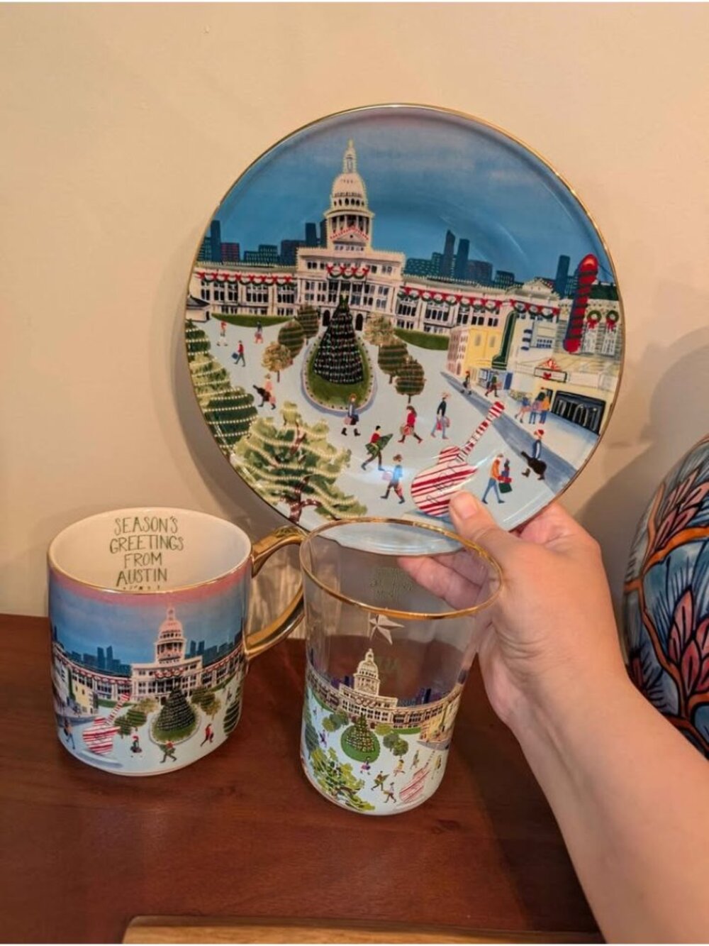 Anthropologie Season's Greetings From Austin Plate, Mug, and Glass Set